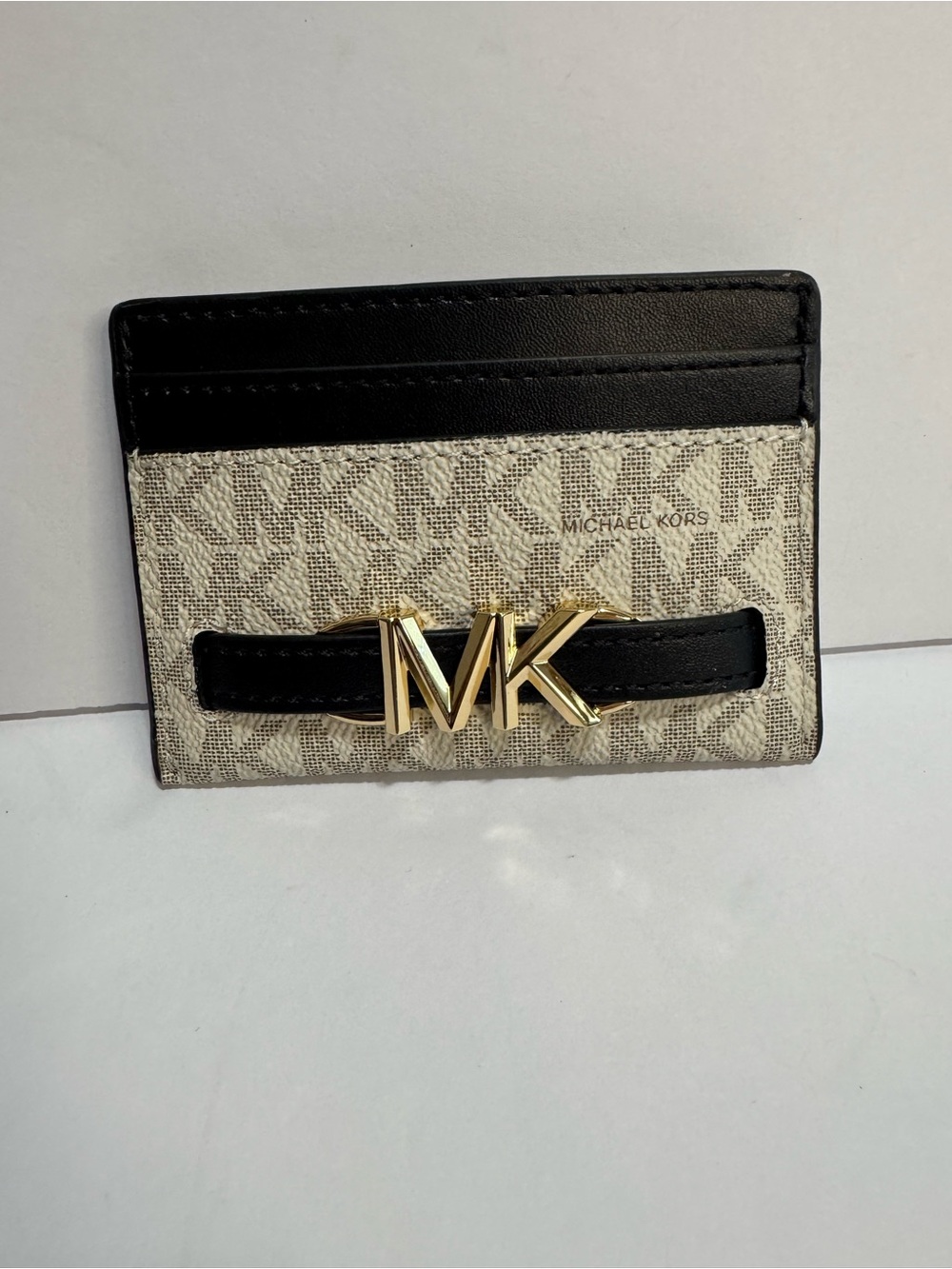 Michael Kors Cream Monogram Card Holder with Black Trim and Gold MK